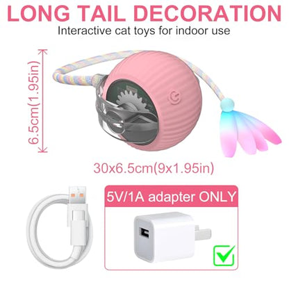 Interactive Cat Ball Toy Active Smart Rolling Balls Automatic Kitten Toys with Elastic Mesh Tail Rechargeability Motion Activated Pet Ball for Indoor Cats