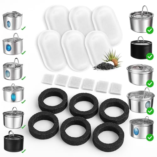 Fountain Filter Replacement Set – 18 Pack (6 Carbon Filters + 6 Pump Sponges + 6 Pre-Filters) – Compatible with Stainless Steel Cat & Dog Water Fountains – BPA-Free, Triple Filtration - color: White & Black