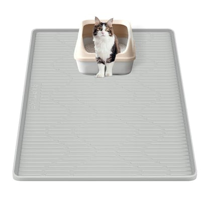 Silicone Cat Litter Mat, 24" x 24" Large Cat Litter Box Mat Litter Trapping Mat for Scatter Control, Waterproof, Soft on Kitty Paws, Clean Floor (Grey) - size: 24"L x 24"W