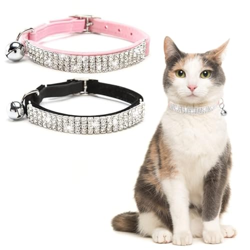BINGPET 2 Pack Diamond Cat Collar with Bell, Adjustable Soft Velvet Bling Rhinestone Cat Collar, Sparkly Kitten Collar with Metal Buckle and Safety Elastic for Small Medium Cats, Pink & Black - color: Pink & Black(Rhinestones), size: Neck Girth 8"-10"
