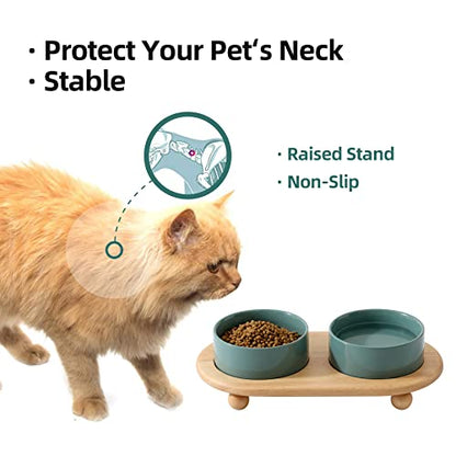 Havniva Raised Cat Bowls Water Bowl 5.1” Elevated Ceramic Cat Food and Water Bowl Whisker Friendly Pet Food Bowls for Indoor Cats, Wide Cat Water Dish Prevent Whisker Fatigue Non Slip Cat Feeder - color: 2 x Bowl + Stand - Dark Green