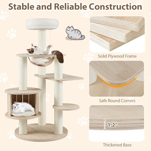 PETSITE 52 Inches Wooden Cat Tree, Multi-Level Modern Cat Tower with Scratching Posts, Space Capsule, Condo, Interactive Hanging Ball, and Top Perch with Removable and Washable Cushions