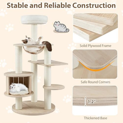 PETSITE 52 Inches Wooden Cat Tree, Multi-Level Modern Cat Tower with Scratching Posts, Space Capsule, Condo, Interactive Hanging Ball, and Top Perch with Removable and Washable Cushions