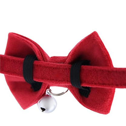 Velvet Red Bow Cat Collar with Breakaway Safety Buckle, Adjustable Fit for Adult Cats - color: Red