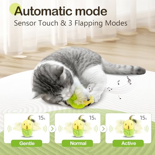 Migipaws Cat Toys,Interactive Lifelike Amakihi Flying Flapping Bird with Catnip, Feathers Hanging by Elastic String, Automatic Chirping Kitten Toys for Indoor Cats Self Play, Rechargeable(Green) - color: Emerald green