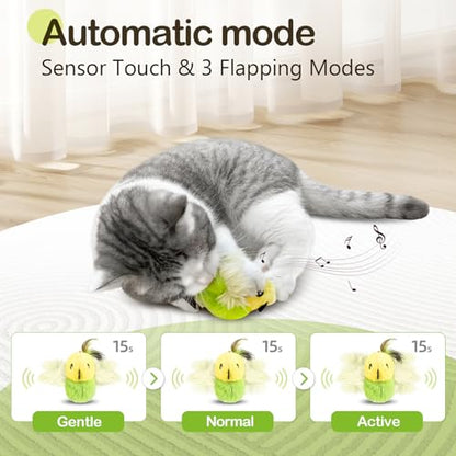 Migipaws Cat Toys,Interactive Lifelike Amakihi Flying Flapping Bird with Catnip, Feathers Hanging by Elastic String, Automatic Chirping Kitten Toys for Indoor Cats Self Play, Rechargeable(Green) - color: Emerald green