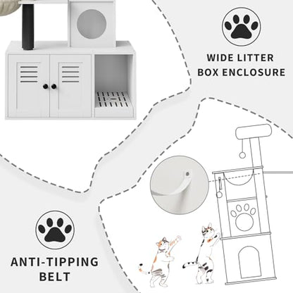 Garvee 53.7-Inch Litter Box Enclosure with Cat Tree, 2-in-1 Modern Large Cat Tower for Indoor Cats with Condo/Hammock/Scratching Post/Plush Perch/Caves, Wooden Hidden Litter Box Furniture, White