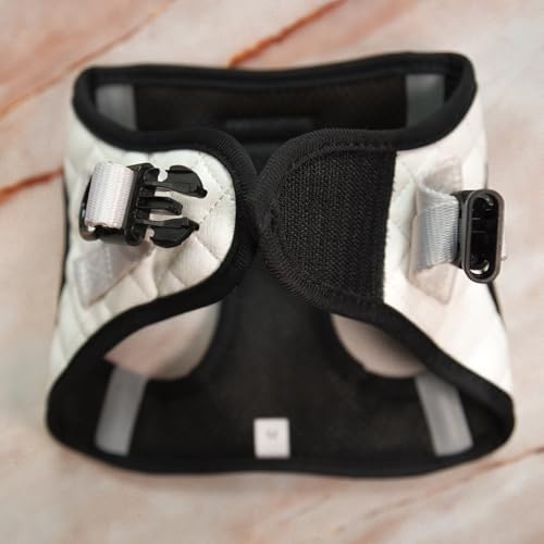 Step in Dog Cat Harness Lightweight Breathable Mesh Soft Padded Pet Vest Vegan Leather Choke Free Escape Proof for Small Medium Dogs (White, Large) - color: White, size: Large: Neck=12.5-14''/Chest:18-21''