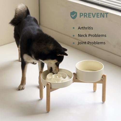 Havniva 8.2” Raised Slow Feeder Dog Bowls Set, 1.6 Cups Ceramic Slow Feeder Dog Bowl and 7.3” Dog Water Bowl with Elevated Wooden Stand Puzzle Dog Food Bowl for Medium Dogs Anti-Gulping & Anti-Choking - color: 2 x Light Yellow+Stand-A, size: 8.2inch