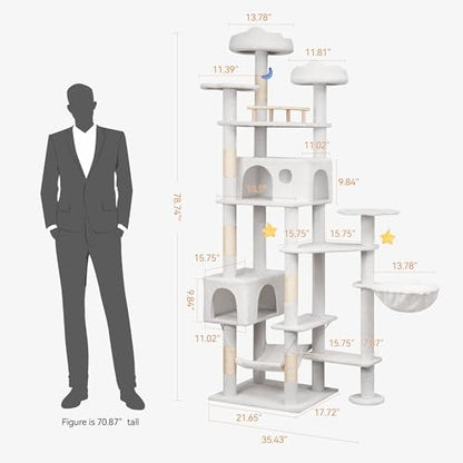 Meecal 79in Tall Cat Tower for Heavy Duty Big Cats, Large Cat Tree with Scratching Post, Plush Perches, Cozy Cat Condos & Hanging Hammocks for Maine Coon, White - color: White