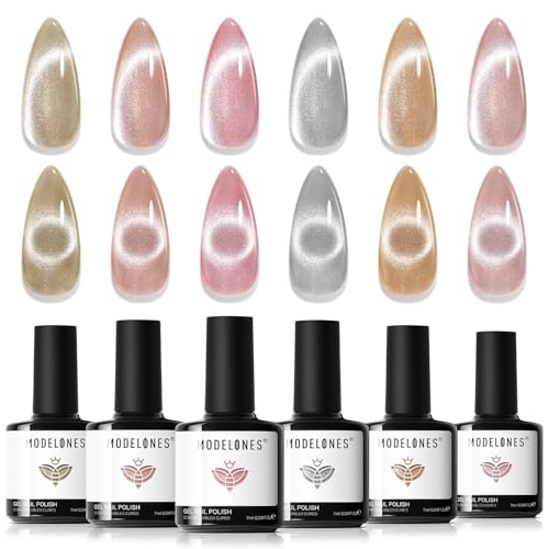 modelones Cat Eye Gel Nail Polish Set, Holographic Glitter 6 Colors with Magnet Sparkle Galaxy Series Nude Pink Gel Polish Soak Off Led Gel Polish Kit Nail Art Gel Manicure Salon DIY Gifts - color: A-2 Cat Eye