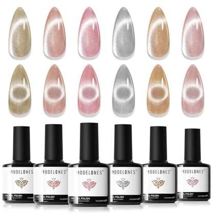 modelones Cat Eye Gel Nail Polish Set, Holographic Glitter 6 Colors with Magnet Sparkle Galaxy Series Nude Pink Gel Polish Soak Off Led Gel Polish Kit Nail Art Gel Manicure Salon DIY Gifts - color: A-2 Cat Eye