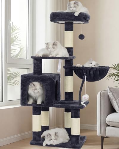 Heybly Cat Tree with Toy, Cat Tower Condo for Indoor Cats, Cat House with Padded Plush Perch, Cozy Hammock and Sisal Scratching Posts, Smoky Gray HCT004SG - color: Smoky Gray, size: 43.3 inch