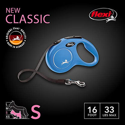 FLEXI New Classic Tape Retractable Dog Leash for Small Dogs Upto 33 lbs. – 16 ft., Blue | Tangle Free Pet Walking Leash with One-Handed Brake, Pause, Lock|German Quality Product - color: Blue, size: Small - 16 Feet (Tape)