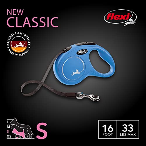 FLEXI New Classic Tape Retractable Dog Leash for Small Dogs Upto 33 lbs. – 16 ft., Blue | Tangle Free Pet Walking Leash with One-Handed Brake, Pause, Lock|German Quality Product - color: Blue, size: Small - 16 Feet (Tape)
