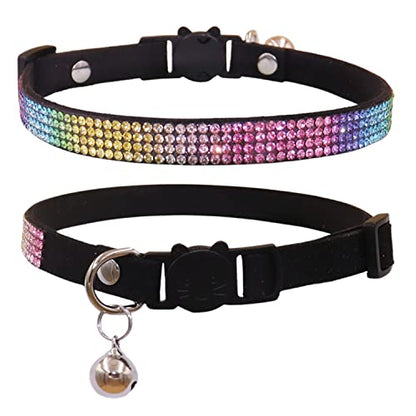 THAIN Bling cat Kitten Collar Rainbow Rhinestone Breakaway Diamond with Bell Soft Velvet Quick Release (Black) - color: Black