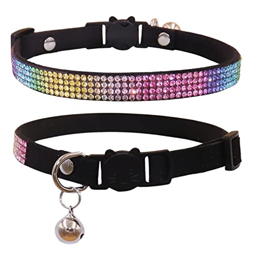 THAIN Bling cat Kitten Collar Rainbow Rhinestone Breakaway Diamond with Bell Soft Velvet Quick Release (Black) - color: Black