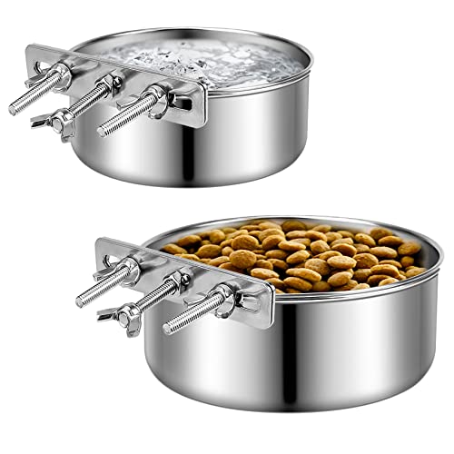 Small Dog Bowls, ShineMe 2 Pack Stainless Steel Pet Bowls Easily Affixes to Crate, Cage or Kennel - Non Spill Food & Water Bowls for Cat, Puppy, Birds, Guinea Pigs, Rabbit (4.7 x 2.1” & 3.9 x 1.9”) - color: Silver, size: S (4.7x2.1” & 3.9x1.9”)