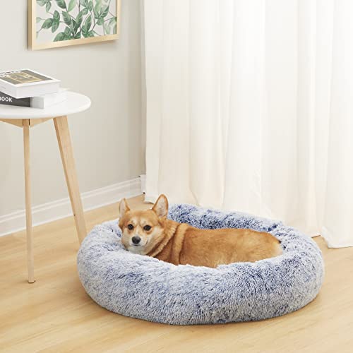 Bedfolks Calming Donut Dog Bed, 30 Inches Round Fluffy Dog Beds for Medium Dogs, Anti-Anxiety Plush Dog Bed, Machine Washable Pet Bed (Navy Blue, Medium) - color: Navy Blue, size: 30.0"L x 30.0"W x 8.0"Th