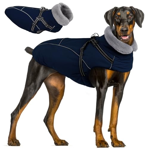Queenmore Large Dog Jackets,Dog Coats for Extra Large Dogs with Harness Built in,Reflective Waterproof Dogs Jackets with Fleece Lining,Warm Snowsuit Pet Coats for German Shepherd,NavyBlue,XXXL - color: Navy Blue, size: XXX-Large