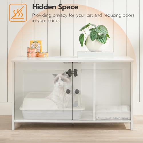 HOOBRO Litter Box Enclosure, Cat Litter Box Furniture with Removable Divider, Large Hidden Litter Box Furniture, Wooden Cat House, End Side Table, 31" L x 17.5" W x 19.7" H, White WT03MW01G2 - color: White