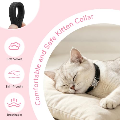 BINGPET Diamond Cat Collar,Adjustable Soft Velvet Leather Safe Kitten Collar with Crystal Heart Charm and Bells,Girl Boy Bling Stylish Cat Collars with Safety Elastic (Black, Neck Girth 8"-10" - color: Black(Heart), size: Neck Girth 8"-10"