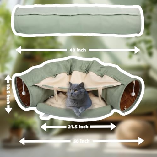 VelvetPaw 2-in-1 Foldable Matcha Bunny Tunnel & Pet Cushion Bed | Collapsible Hideout Toy with Removable Washable Soft Pad | Ideal for Rabbits, Bunnies & Kittens - Indoor Rest, Exercise & Play - color: Matcha