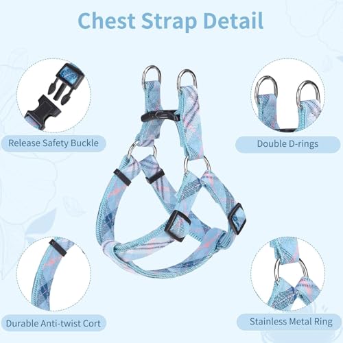 BINGPET Dog Harness Collar Leash Set,Adjustable No Pull Escape Proof Small Dog Harness,Classic Plaid Puppy Harness and Leash Set for Small Medium Large Dogs Training Easy Walk Running(Blue,M) - color: Blue Plaid, size: M(Chest Girth:17.3''-23.38'')