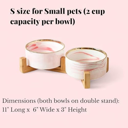 Ceramic Pet Bowl (Marble Design) Set of 2 with Stand, 2cups and 4 Cups Capacity (Marble Pink w/Gold, Small, 2 Cups per Bowl) - color: 2. S-Marble pink gold, Small, 2 cups per bowl