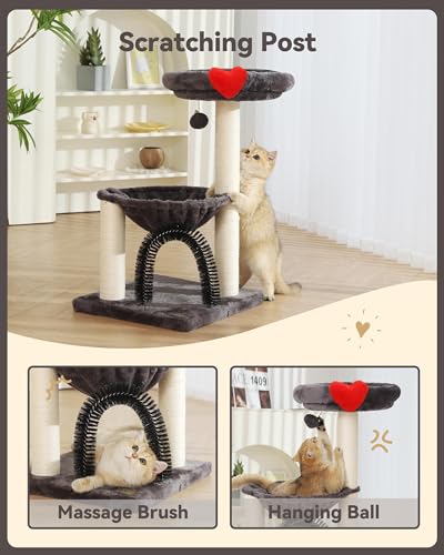 Simple Deluxe 27.8" Small Cat Tree Tower for Indoor Cats, Multi-Level Cute Cat Tree with Scratching Post| Plush Hammock| Perch| Replaceable Cover| Groomer Brush| Dangling Ball for Kittens Play & Rest - color: Smoky Gray & Heart