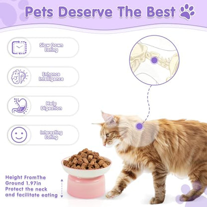 Cat Food Bowl, Ceramic Cat Bowls, Anti Whisker Fatigue Cats Bowl Set,Shallow Wide Kitten Plates for Food and Water (FenBai) - color: FenBai
