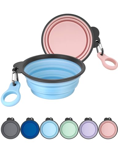 Aonkey Collapsible Dog Bowls with Bottle Carrier, 2 Pack Travel Dog Water Bowl Upgraded Carabiner, One-Piece Molded Rim No Fall Off or Crack 37oz, Blue & Pink - color: 7. Sky Blue & Pink, size: Large (Pack of 2)