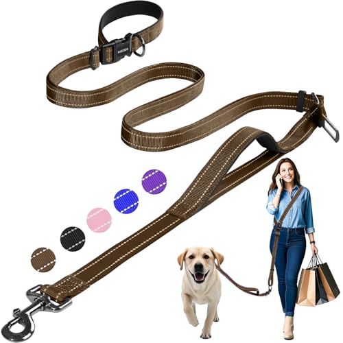 Hands Free Dog Leash by Kazazoo, Adjustable 5.8-8.5FT Waist & Crossbody Leash with Quick Off Buckle, Reflective Stitches for Walking, Jogging,Medium to Large Dogs & Puppies M Size Brown - color: Brown, size: M