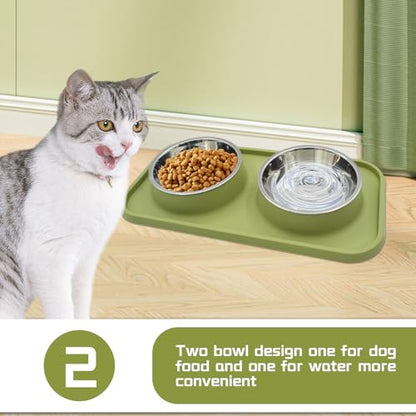 Double Dog Food Bowls Stainless Steel with No Spill Non Skid Silicone Mat Removable Dog Water and Food Bowls Set Durable Feeding for Small Dogs Puppy Cat Kitten(Green) - color: 【Green】
