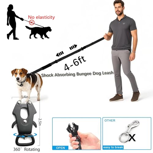 Heavy Duty Tactical Dog Leash, 4-6FT Shock Absorbing Bungee Lead with 2 Padded Handles, Metal Carabiner & Seatbelt Clip, Reflective No-Pull Leash for Medium/Large Dogs Black - color: Black