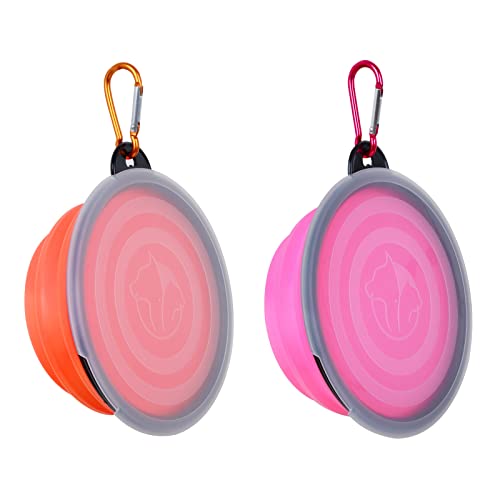 Collapsible Dog Bowl,2 Pack Portable and Foldable Pet Travel Bowls Collapsable Dog Water Feeding Bowls Dish for Dogs Cats and Small Animals,with Lids (Small, Pink+Orange) - color: Pink+Orange
