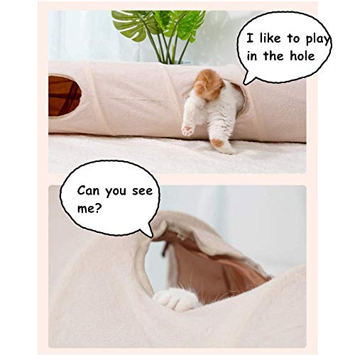Primst Collapsible Cat Tunnel,Durable Suede Pet Toys Play Tunnel with Ball and Hole,for Cats,Rabbits,Kittens,Puppy and Small Pets (Beige 47x10inch)