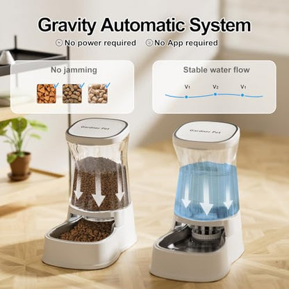 Automatic Pets Gravity Feeder and Water Dispenser Set, 1Gallon x 2 Stainless Steel Food Feeder and Waterer, 100% BPA-Free Water Bowl Dispenser for Small&Medium Dogs, Cats, Puppies(White) - color: Pearl White, size: 1 Gallon (Water & food dispenser)