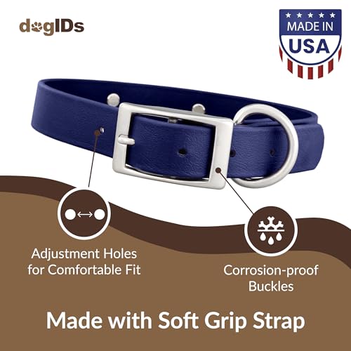dogIDs Personalized Dog Collar – Custom Waterproof Soft-Grip Biothane with Laser-Engraved Nameplate, Durable & Odor-Resistant, USA Made | Navy, 1 in x 16 in (Fits Necks Size 14-18 in) - color: Navy, size: 1 in x 16 in (Fits Necks Size 14-18 in)