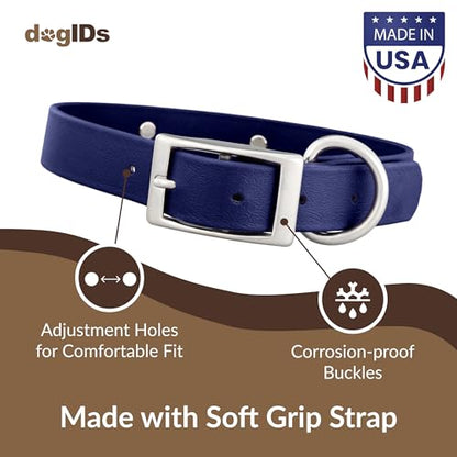 dogIDs Personalized Dog Collar – Custom Waterproof Soft-Grip Biothane with Laser-Engraved Nameplate, Durable & Odor-Resistant, USA Made | Navy, 1 in x 16 in (Fits Necks Size 14-18 in) - color: Navy, size: 1 in x 16 in (Fits Necks Size 14-18 in)