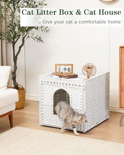 SETVSON Cat Litter Box Enclosure Furniture, Large Hidden Litter Box Furniture, Handwoven Rattan Cat House Cabinet, One Mat, Two S-Shaped Hooks, Living Room, Apartment 21.6 X 26 X 21.6 Inches, White - color: White, size: XL