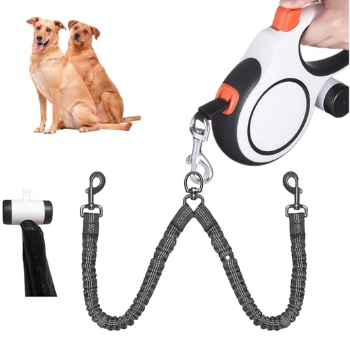 Dual Retractable Dog Leash 2 Large Dogs (Up to 66 Lbs Each), 2 Headed Pet Leash with Poop Bags, 16ft/5m Extension, Non-Slip Grip, One-Button Break & Lock, 360-degree Tangle-Free (White, Medium) - color: White, size: Medium