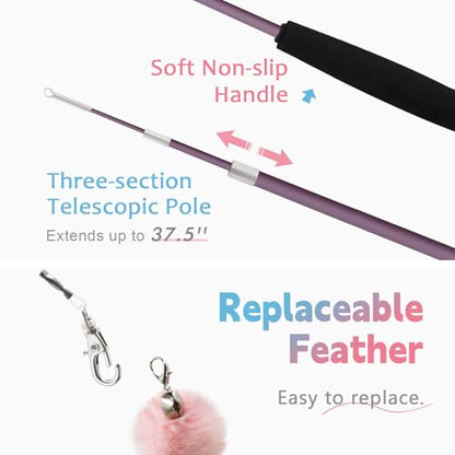 Cat Wand Toys for Indoor Cats - Cat Toy Set with Retractable Teaser Wand and 6 PCS Fairy Feather Toy Refills, Butterfly Tassel Plush Cat Toys Interactive, Pink - color: Pink