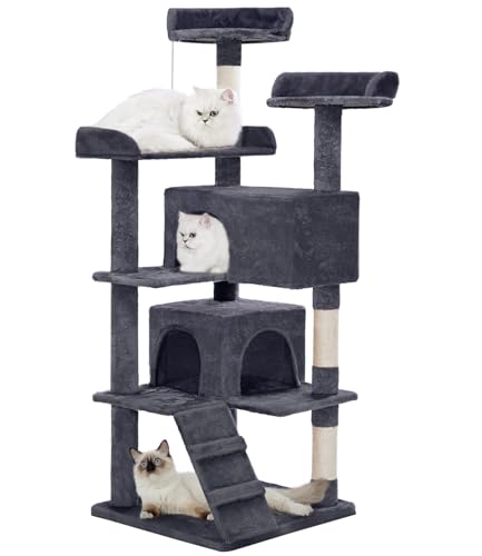 Made4Pets Cat Tree Tower 56in Cat Tower for Indoor Cats Kitten Tree Multi-Level Cat Tree with 2 Condo Furniture Activity Center with Scratching Posts Funny Toys Kittens Pet Play House, Grey - color: Grey