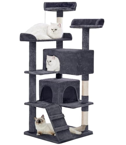 Made4Pets Cat Tree Tower 56in Cat Tower for Indoor Cats Kitten Tree Multi-Level Cat Tree with 2 Condo Furniture Activity Center with Scratching Posts Funny Toys Kittens Pet Play House, Grey - color: Grey