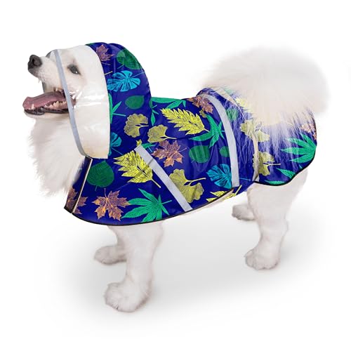 Dog Raincoat, Adjustable Rain Jacket with Hooded Double Layer for Large Medium Small Dogs Puppies, Lightweight Waterproof Rain Coat Poncho with Reflective Stripe Leaf Blue,M - color: Leaf Blue, size: Medium
