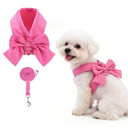 KOOLTAIL Small Dog Harness and Leash Set, Cute Puppy Vest Harnesses with Bowtie for Girl Outfit, Step in No Pull Soft Mesh Padded Adjustable Pet Harness for Extra-Samll Medium Dogs Cats, XS S, Pink M - color: Fuchsia, size: M (Chest Girth: 16"-18")