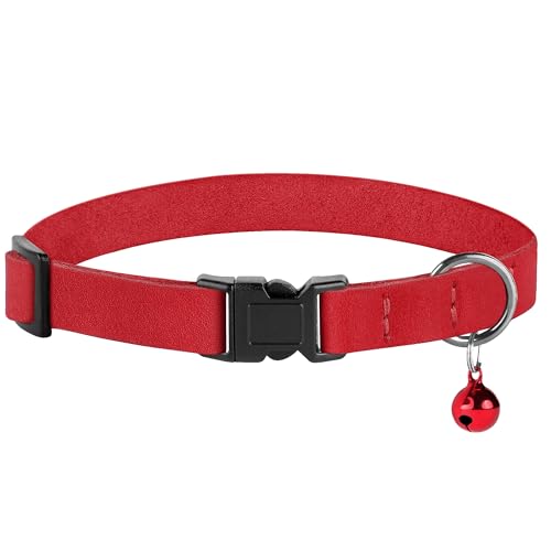 Breakaway Cat Collar Leather with Removable Bell - 13 Colors Available - Soft Adjustable Girl Boy Safety Lightweight Pet Kitten Collars Pink Brown Blue Green Red Orange Black (Red) - color: Red