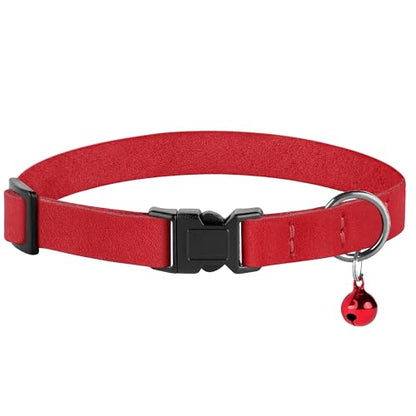 Breakaway Cat Collar Leather with Removable Bell - 13 Colors Available - Soft Adjustable Girl Boy Safety Lightweight Pet Kitten Collars Pink Brown Blue Green Red Orange Black (Red) - color: Red
