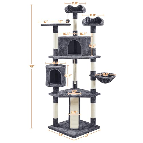 Yaheetech Multi-Level Cat Trees Cat Towers 79in Cat Tree for Indoor Cats with Sisal-Covered Scratching Posts, Plush Perches and Stable Condo for Kittens, Cats and Pets, Dark Gray - color: Dark Gray